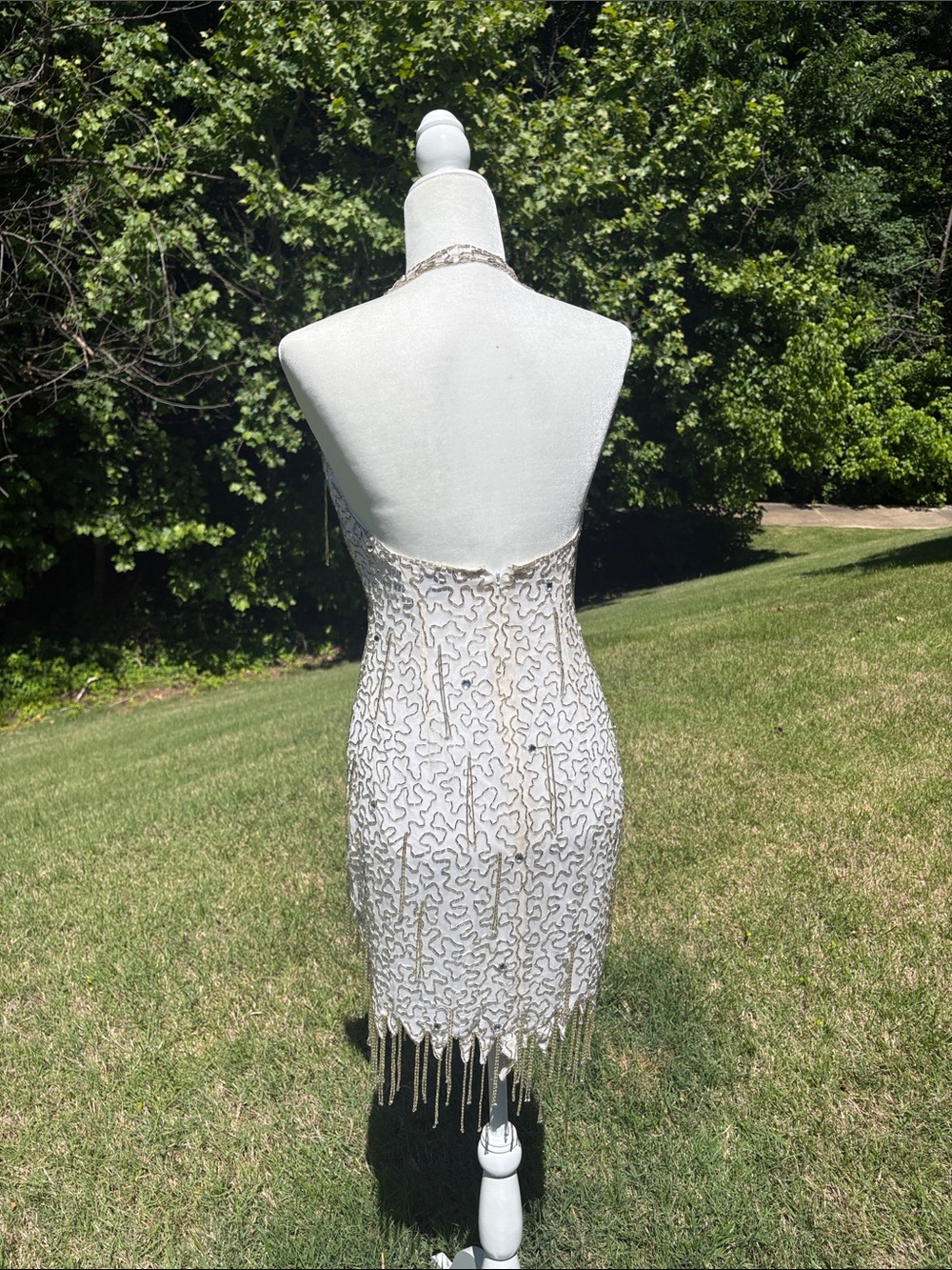 Vintage White Silk Beaded Halter Cocktail Dress Size 6 - Picture 5 of 15